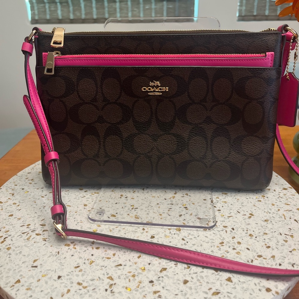 Coach East West Signature Brown and Pink Crossbody Bag